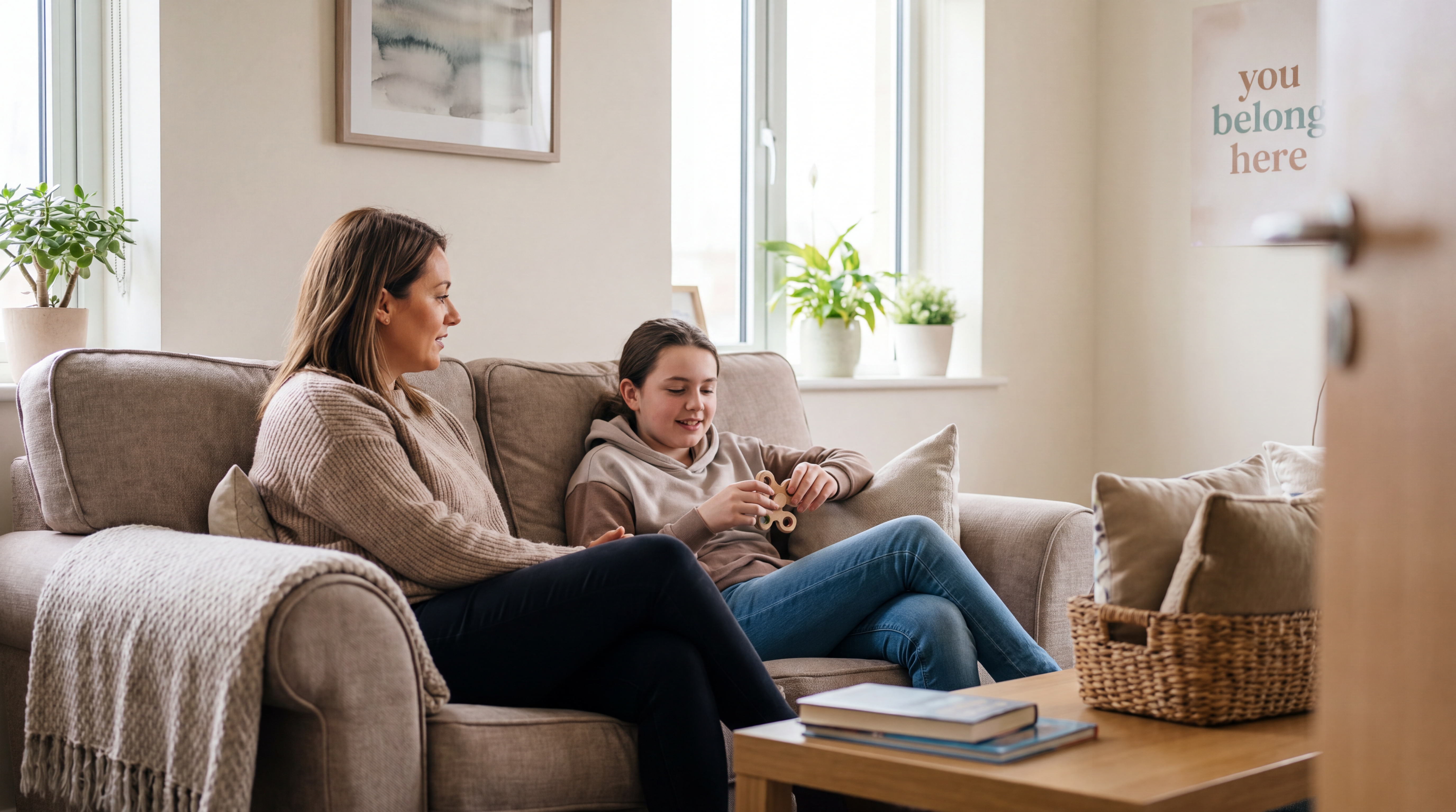 A young person and a St Ultan's care worker talking quietly side-by-side in a warm, calm support room