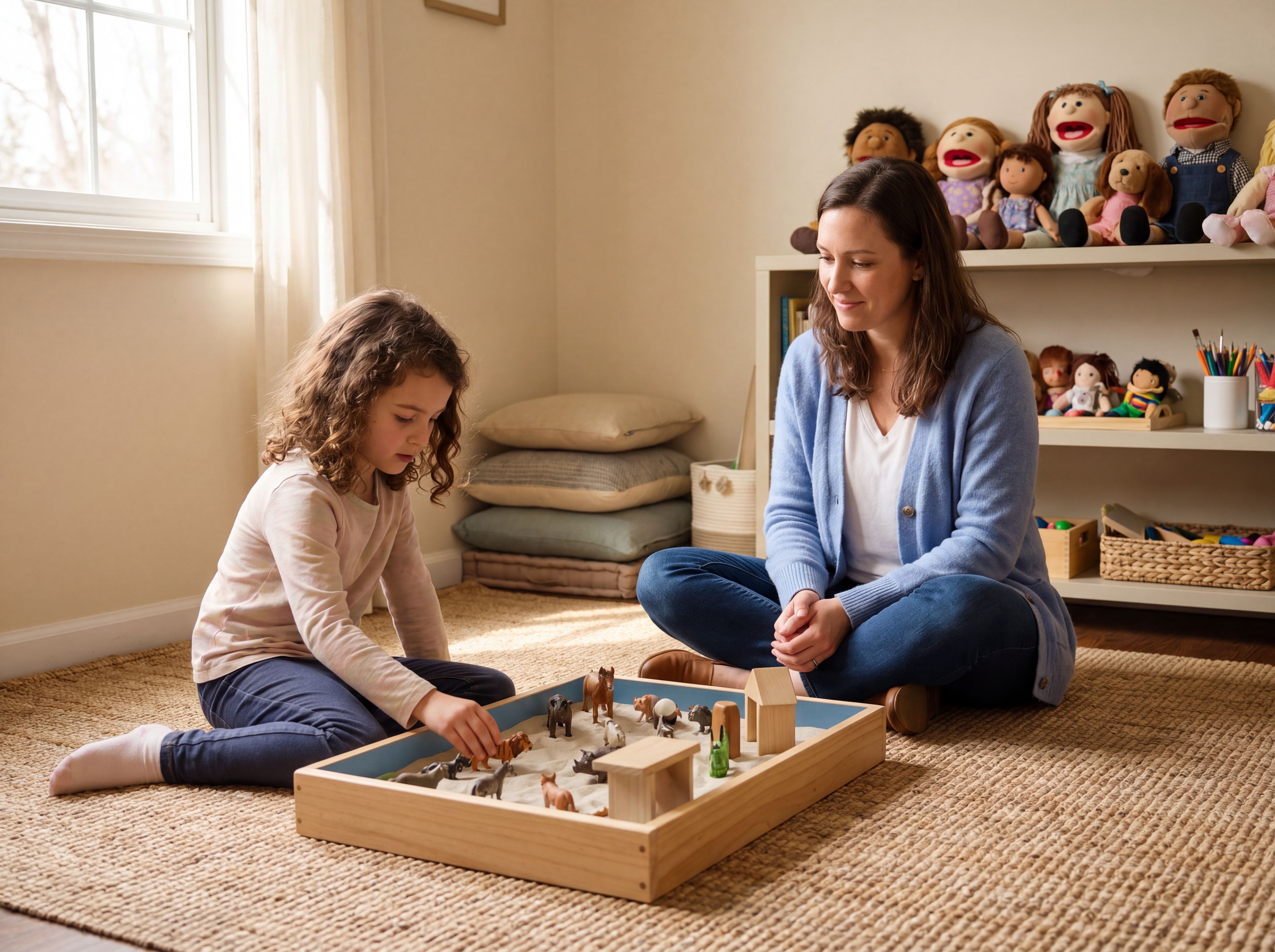 A child working with a play therapist in a calming play therapy room at St Ultan's