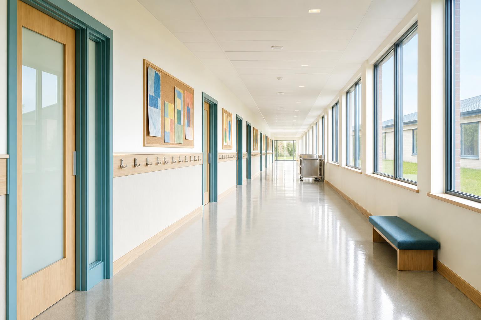 A bright, welcoming corridor on St Ultan's Campus, freshly cleaned and ready for the day