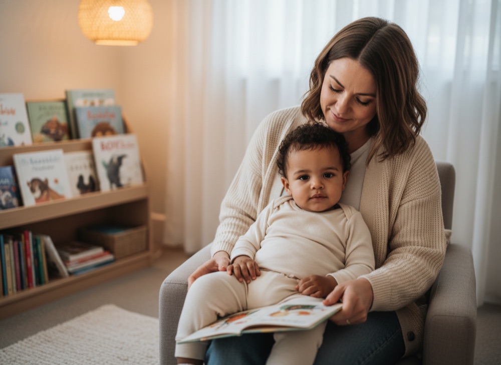 An educator sharing a picture book with a child