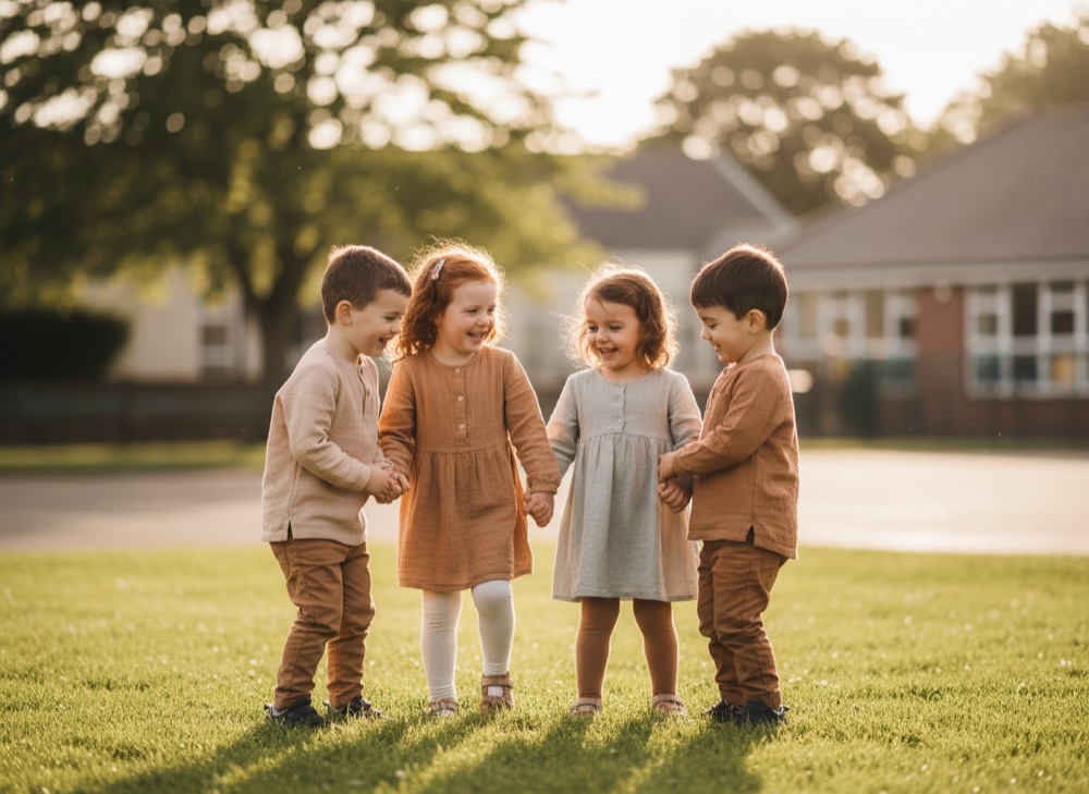 Children in a small huddle on a grass area