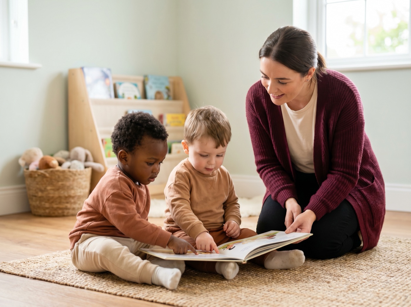 An early years educator reading a picture book with two toddlers
