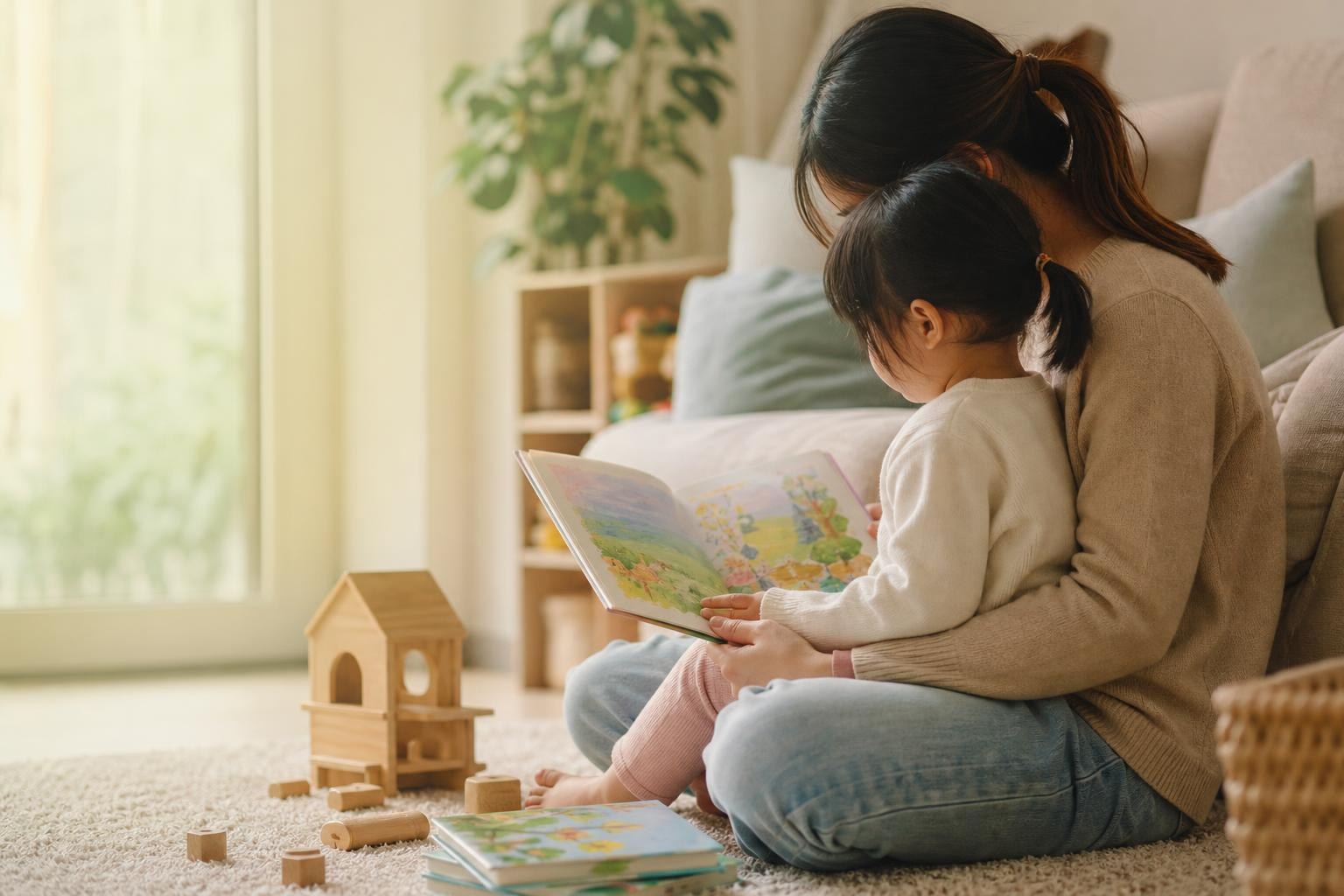 A parent and their young child reading a colourful picture book together at home