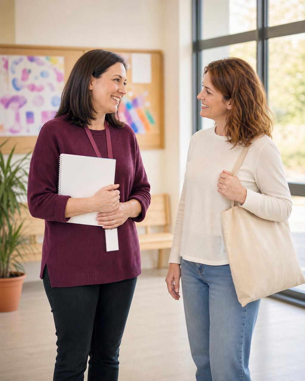A parent and the St Ultan's parent partnership link worker chatting warmly together at the school