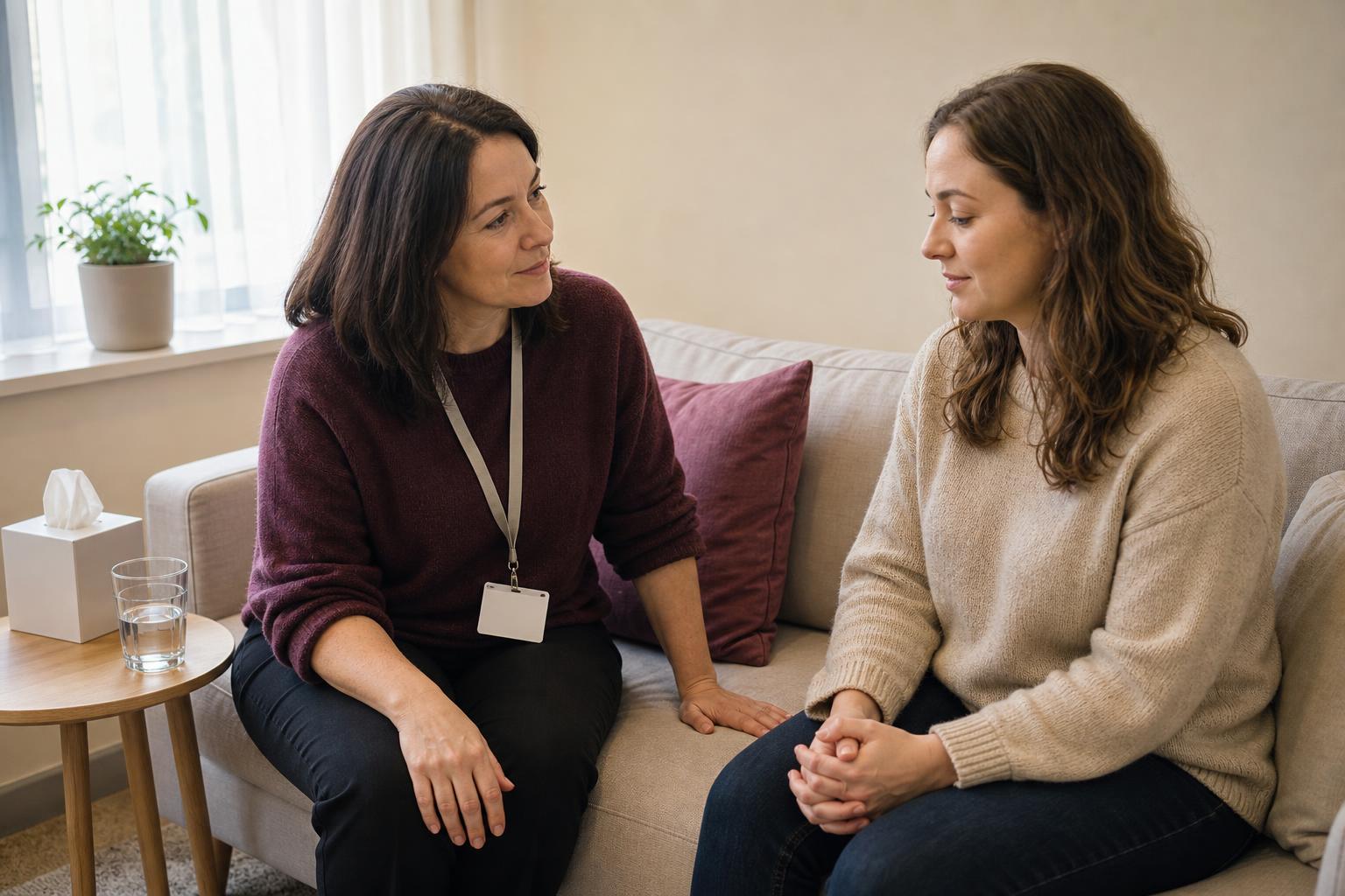 A parent in a one-to-one support conversation in a warm, welcoming room at St Ultan's