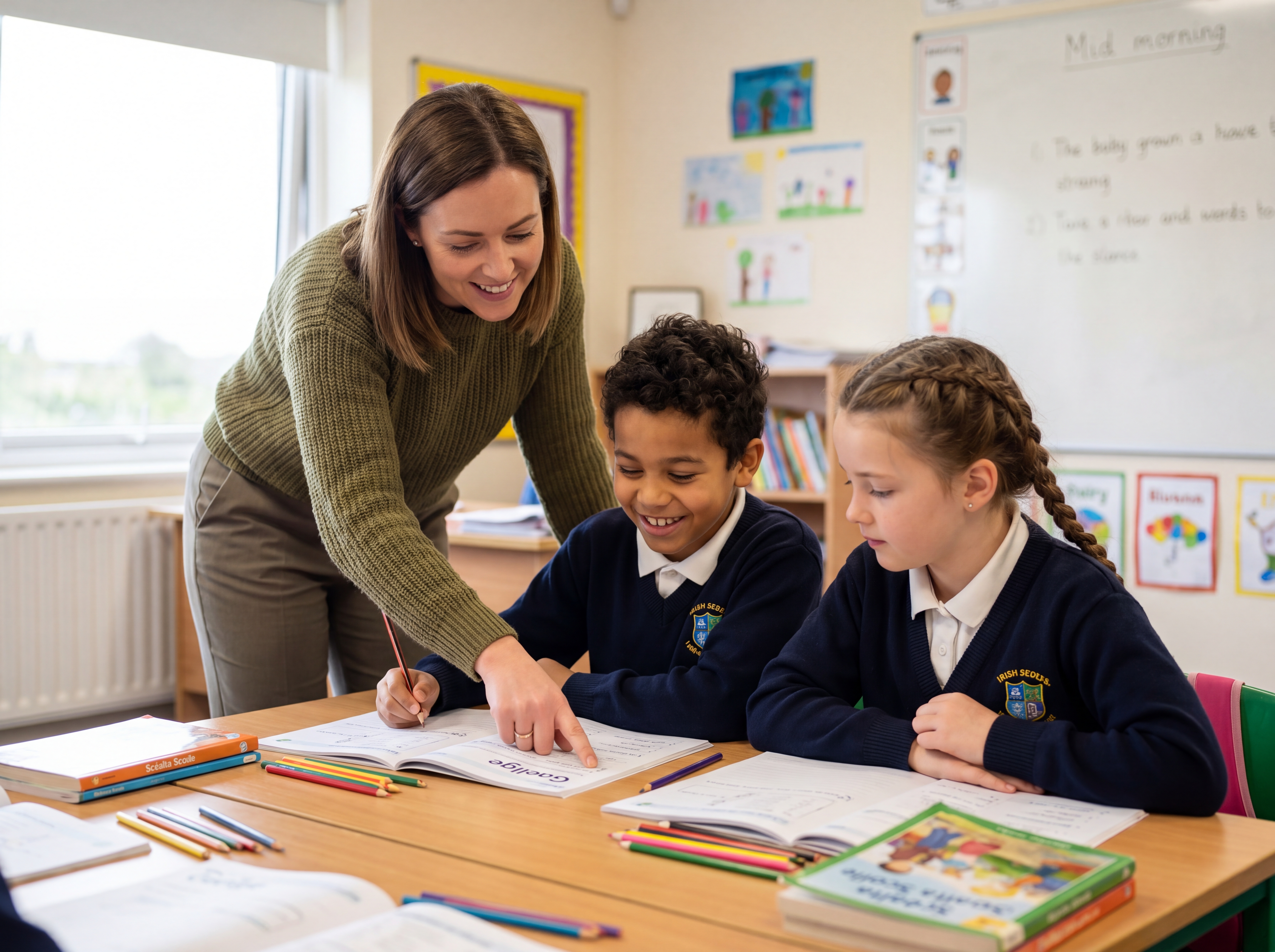 A St Ultan's teacher helping two primary school pupils with their work at a shared classroom desk